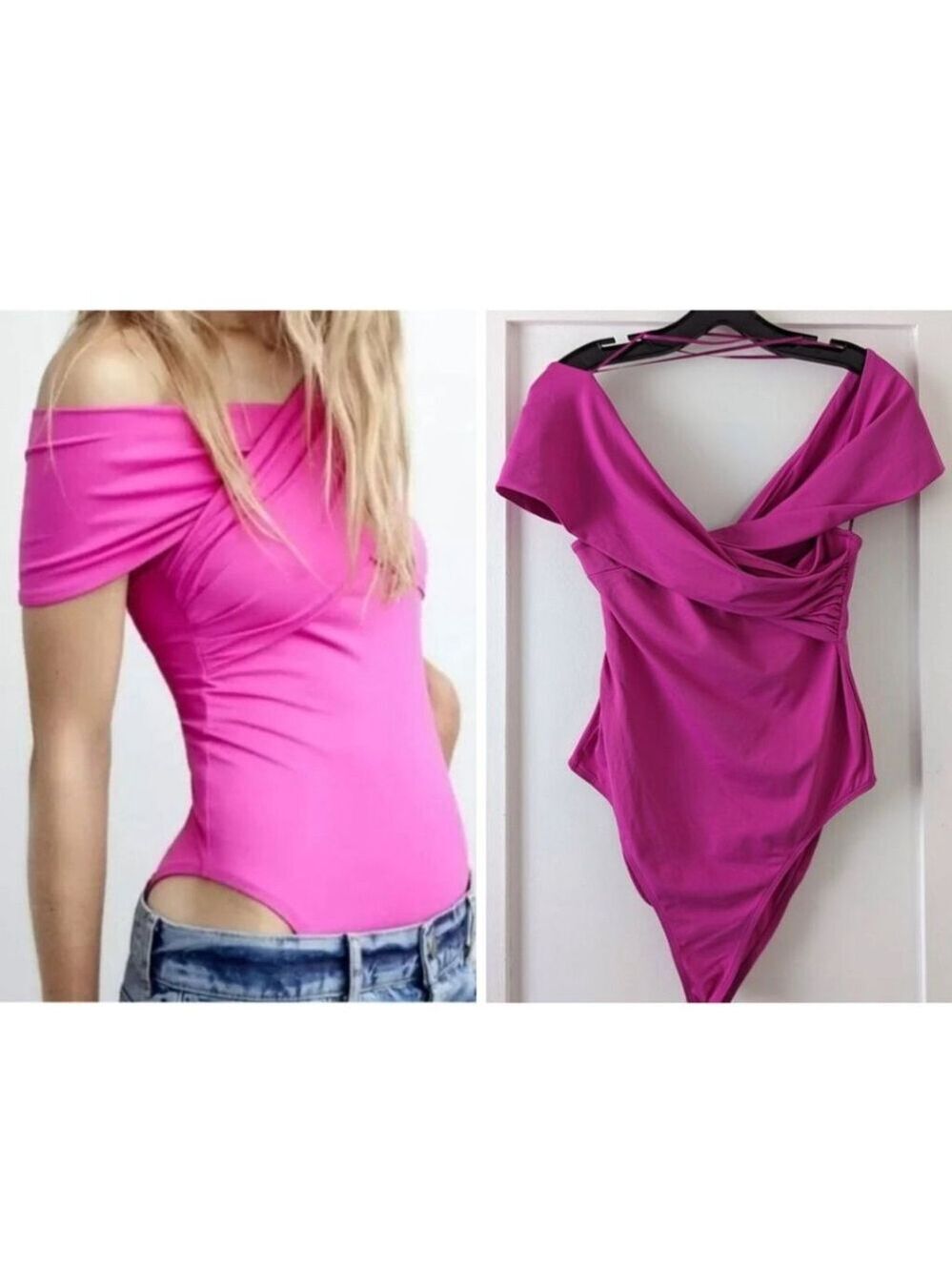 NEW Zara | Off Shoulder Crossover Bodysuit in Fuchsia Pink